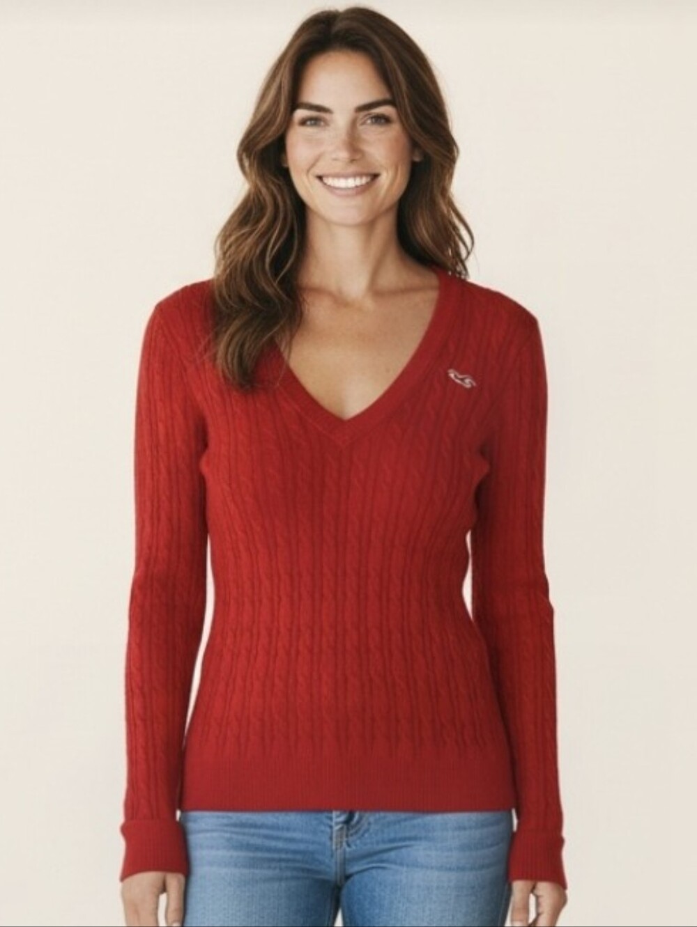 Hollister Vintage Y2K Red Cable Knit V-Neck Sweater- Med